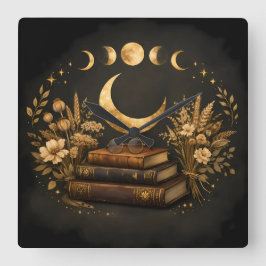 Goldene mystische Bibliothek & Botanische Boho-Mon Quadratische Wanduhr