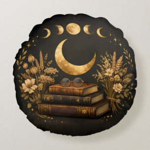 Goldene Mystische Bibliothek & Botanische Boho-Mon Rundes Kissen