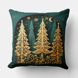 Goldene Nacht im Wald – Weihnachtsbaum-Muster Kissen