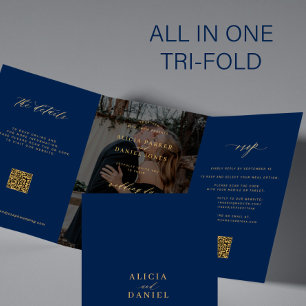 Goldene Navy-Blau-Foto-Hochzeits-RSVP-Details-QR-C Dreifach Gefaltete Einladung