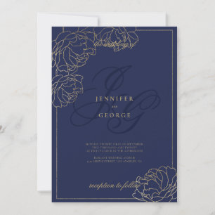 Goldene Navy-Blau-Monogramm-Anfangsbuchstaben Blum Einladung