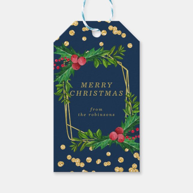 Goldene Navy-Familie frohe Weihnachten Holly-Glitz Geschenkanhänger (Vorderseite)