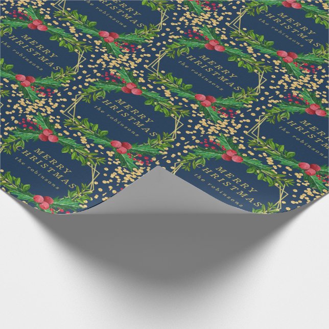 Goldene Navy-Familie frohe Weihnachten Holly-Glitz Geschenkpapier (Ecke)
