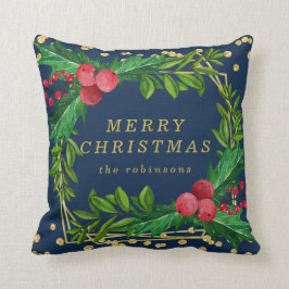 Goldene Navy-Familie frohe Weihnachten Holly-Glitz Kissen