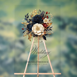 Goldene, Navy- und Burgunderrote Blumen-Hochzeitsb Acrylschild