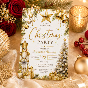 Goldene Nussknacker-Christbaumkugeln und Geschenke Einladung