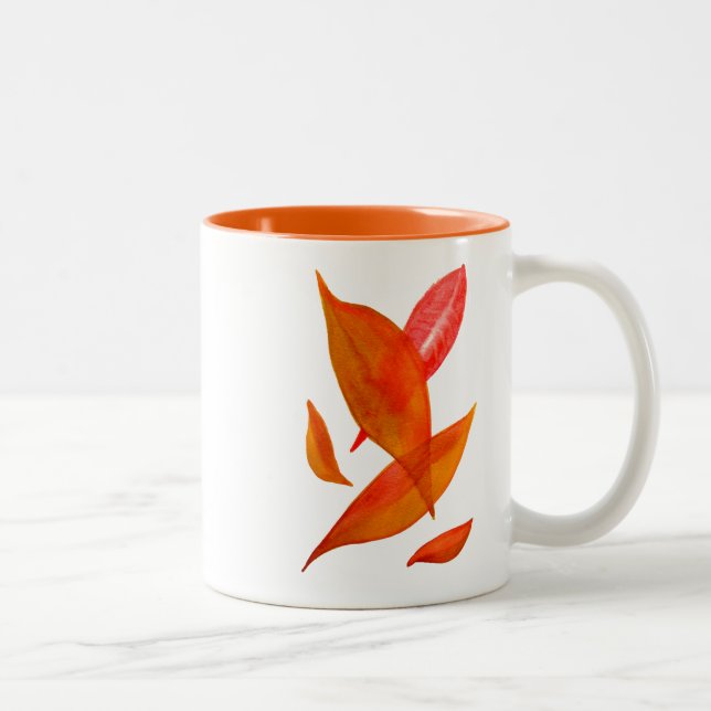 Goldene Orange Herbstblatt Moderne Kunst Zweifarbige Tasse (Rechts)