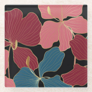Goldene Orchideen, elegante Blumen-Linien Kunst. Glasuntersetzer