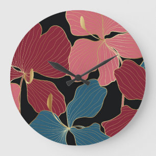 Goldene Orchideen, elegante Blumen-Linien Kunst. Große Wanduhr