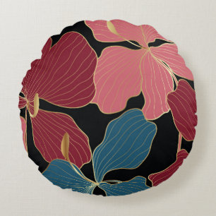 Goldene Orchideen, elegante Blumen-Linien Kunst. Rundes Kissen