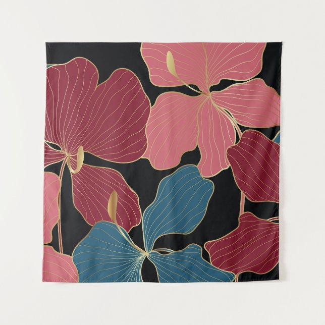 Goldene Orchideen, elegante Blumen-Linien Kunst. Wandteppich (Vorderseite)