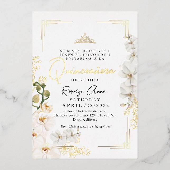 Goldene Orchideen Prinzessin Tiara Quinceañera Folieneinladung (Vorderseite)