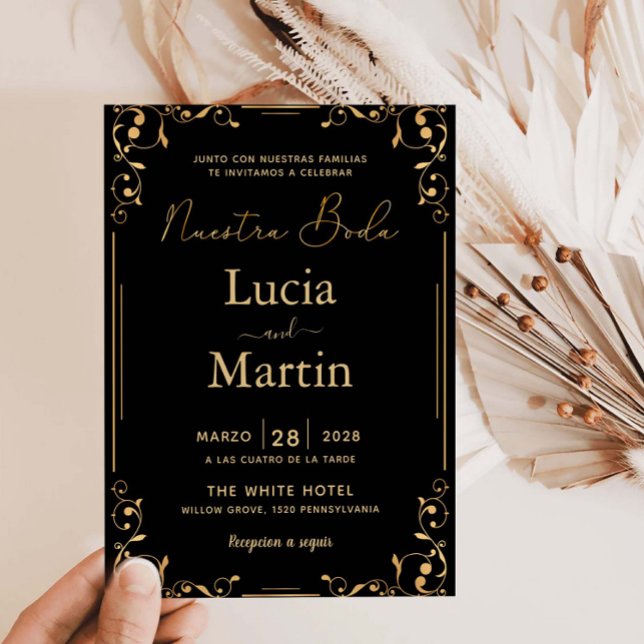 Goldene Ornament Corner Schwarzer Nestra Boda Einladung (Von Creator hochgeladen)