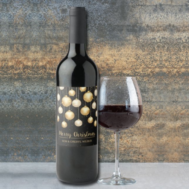 Goldene Ornamente auf Schwarz Frohe Weihnachten Weinetikett (Von Creator hochgeladen)
