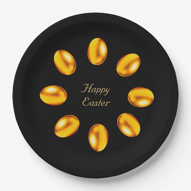 Goldene Ostereier auf schwarz Pappteller (Vorderseite)