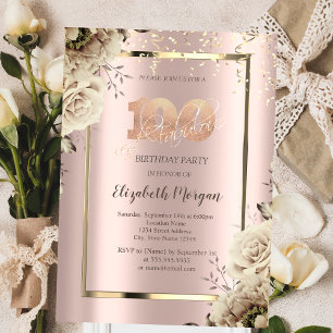 Goldene Pailletten, Blumen Roségold 100. Geburtsta Einladung