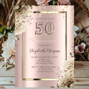 Goldene Pailletten, Blumen Roségold 50. Geburtstag Einladung