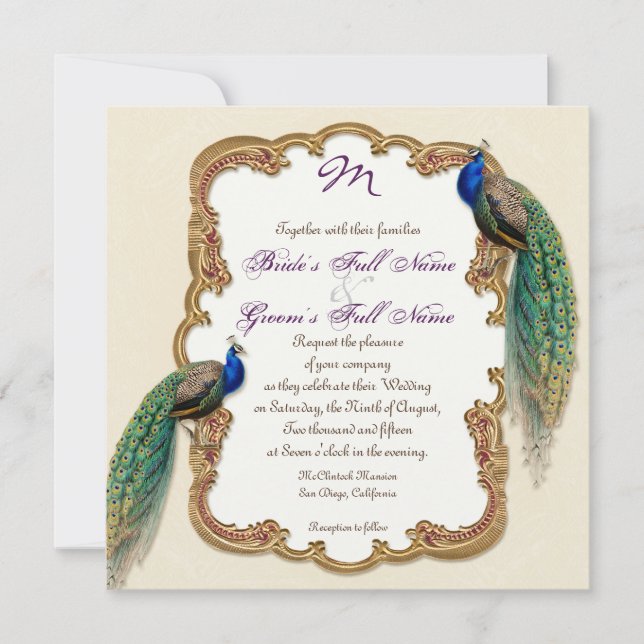 Goldene Pfau-u. Kalligraphie-Wirbels-Einladung Einladung (Vorderseite)