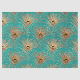 Goldene Pfauenfedern über Aqua-Decoupage Seidenpapier