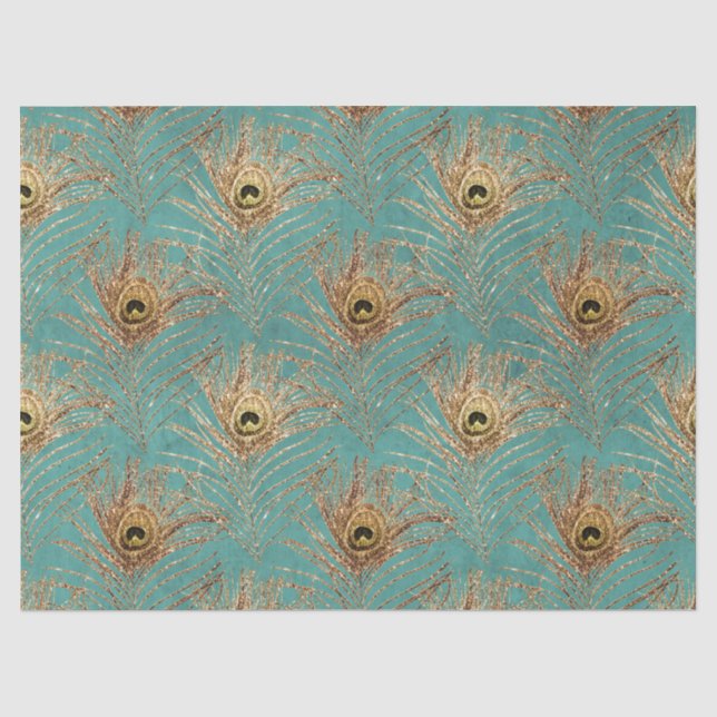 Goldene Pfauenfedern über Aqua-Decoupage Seidenpapier (Vorderseite)