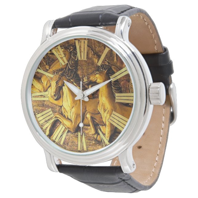 Goldene Pferde Armbanduhr (Schrägansicht)