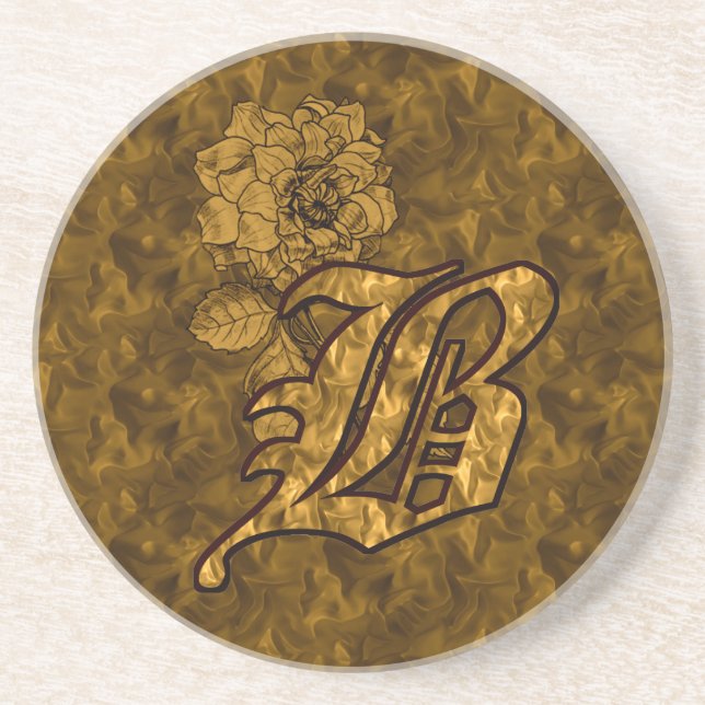 Goldene Pfingstrose Elegantes Monogramm Initial B Sandstein Untersetzer (Vorne)