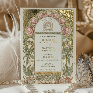 Goldene Pfingstrosen Hochzeit im Stil des Jugendst Folieneinladung