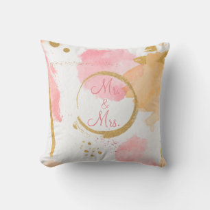 Goldene Pfirsich-Blumen-Aquarell-Abstrakte Schrift Kissen