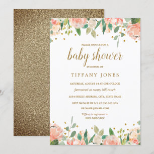 Goldene Pfirsich-Blumen-Aquarell-Baby-Shower-Einla Einladung
