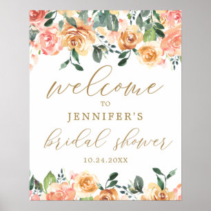 Goldene Pfirsich-Blumen-Hochzeitsdusche-Willkommen Poster