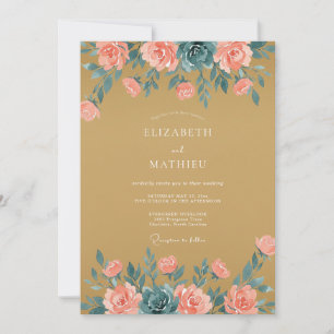Goldene Pfirsich-Romanische Florale Hochzeit Einladung