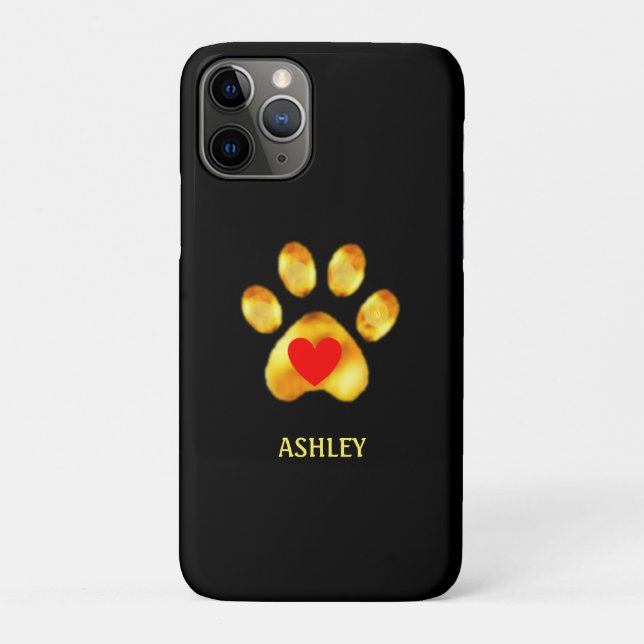 Goldene Pfote mit Herz auf schwarz Case-Mate iPhone Hülle (Rückseite)