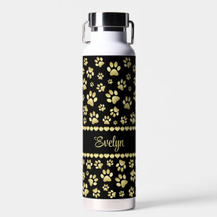 Goldene Pfotenabdrücke auf Schwarz mit individuell Trinkflasche