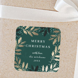 Goldene Pine Branch Green Frohe Weihnachtsfeiertag Quadratischer Aufkleber