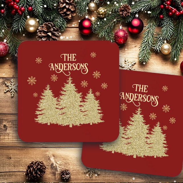 Goldene Pine Trees Gold Schneeflocken Getränkeuntersetzer (Von Creator hochgeladen)