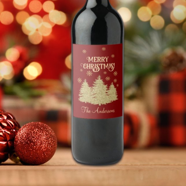 Goldene Pine Trees Gold Schneeflocken Weinetikett (Von Creator hochgeladen)