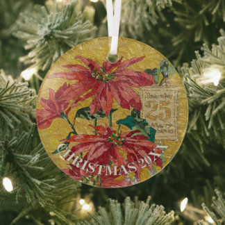 Goldene Poinsettie | Personalisierte 20XX Feinkuns Ornament Aus Glas
