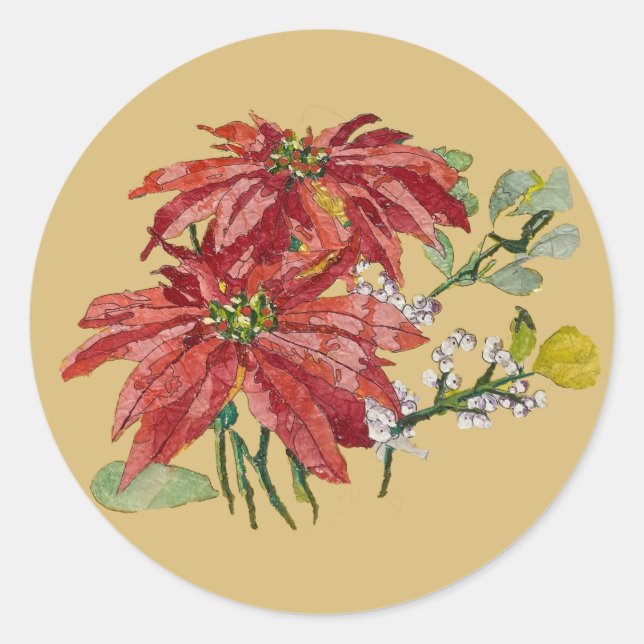 Goldene Poinsettie | Weihnachts-Fine-Art-Aufkleber Runder Aufkleber (Vorderseite)