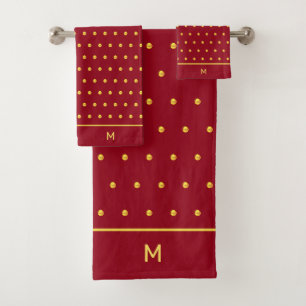 Goldene Polka-Punkte auf karmesinrotem & Monogramm Badhandtuch Set