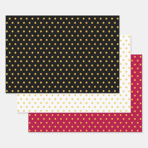 Goldene Polka-Punkte Konfetti auf Schwarz, Rot und Geschenkpapier Set