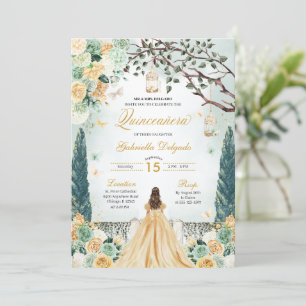 Goldene Prinzessin Verzauberter Garten Quinceanera Einladung
