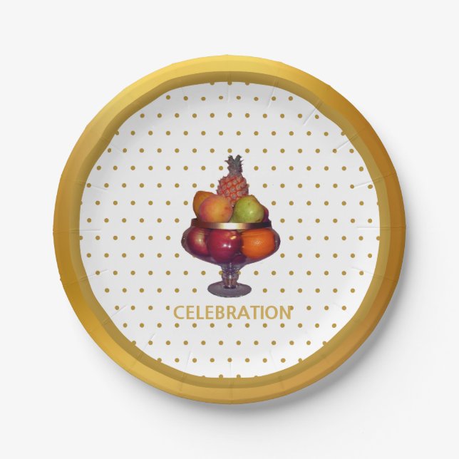 Goldene Punkte und Früchte Pappteller (Vorderseite)