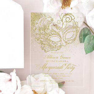 Goldene Quinceanera-Maskenparty Acryleinladungen