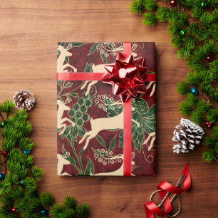 Goldene Rentiere auf Vintagen Imitaten Rotes grün Geschenkpapier