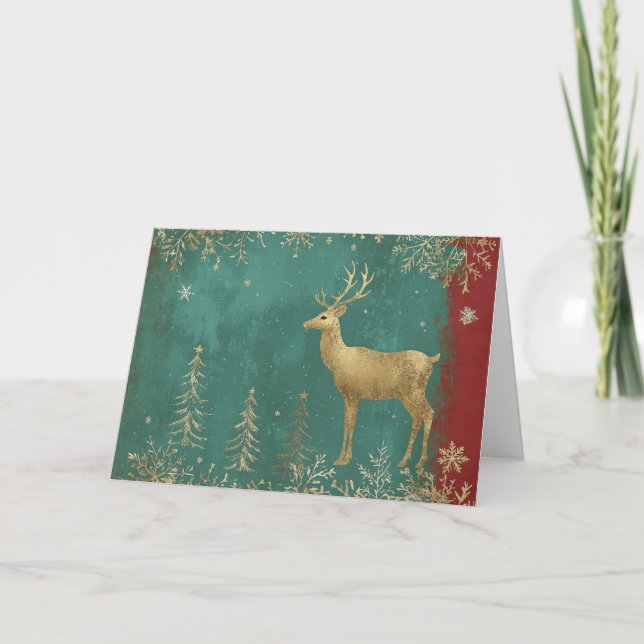 Goldene Rentiere mit festlichen Schneeflocken Karte (Vorderseite)