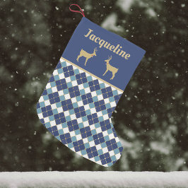Goldene Rentiere und blaue Raute Kleiner Weihnachtsstrumpf