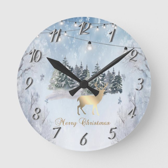 Goldene Rentiere, Wald, Strandlichtlandschaft Runde Wanduhr (Vorderseite)