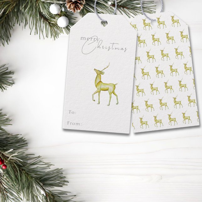 Goldene Rentiere Wasserfarbe Frohe Weihnachten Geschenkanhänger (Von Creator hochgeladen)