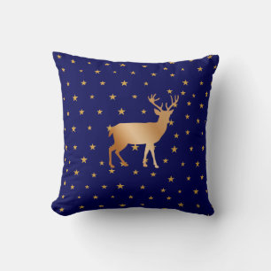 Goldene Rentiersilhouette & Sterne auf navyblau Kissen