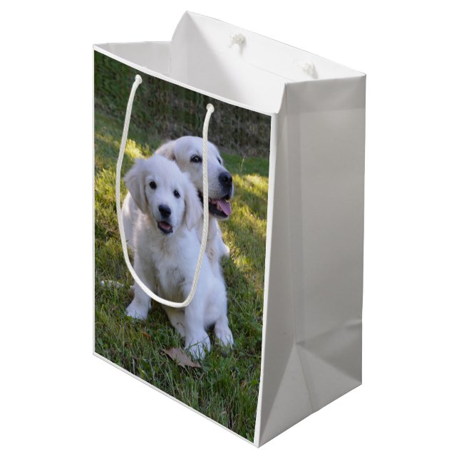 Goldene Retriever Mama und Welpe Mittlere Geschenktüte (Vorderseite Schrägansicht)